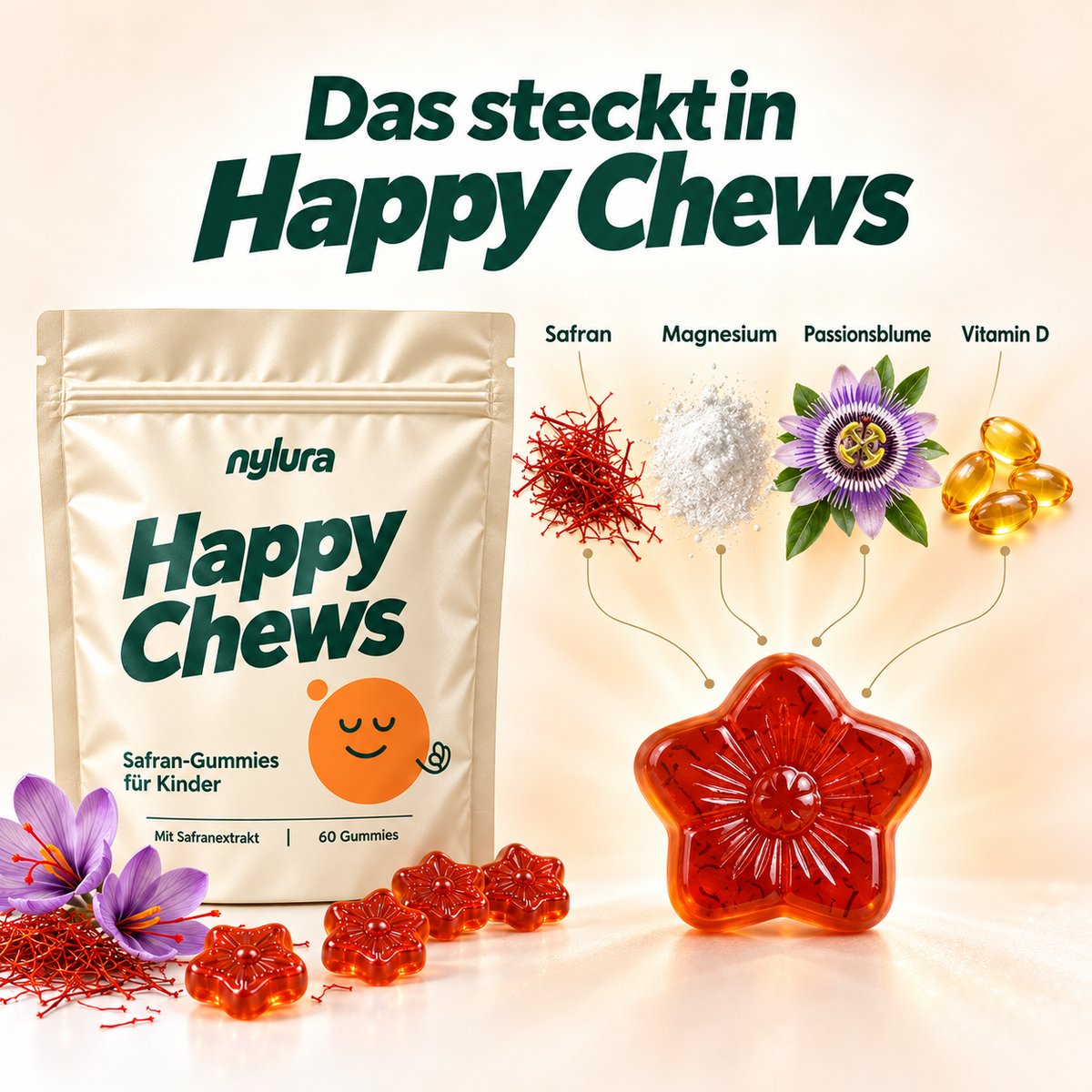 Nylura Happy Chews – Safran-Gummies für Kinder
