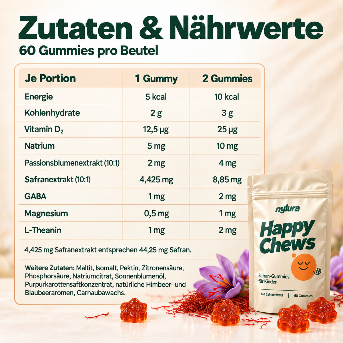 Nylura Happy Chews – Safran-Gummies für Kinder